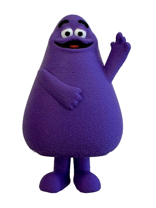Purple cartoon character waving on a light gray background