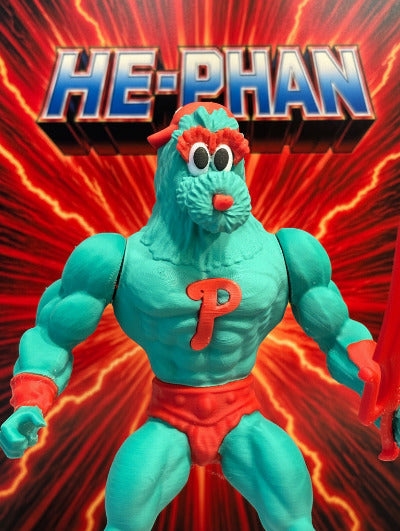 Toy figure of a character named 'HE-PHAN' with a red 'P' on a red and black background.